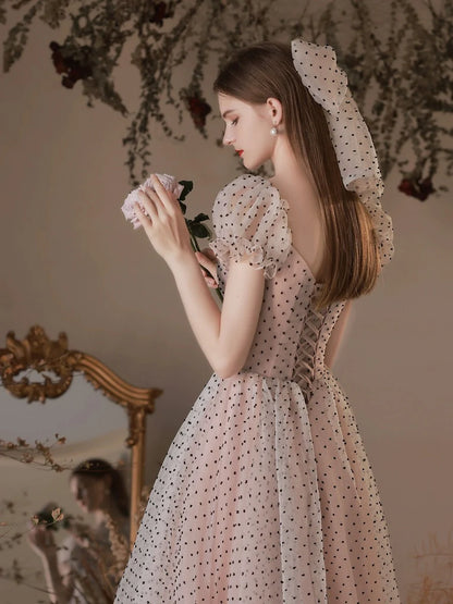 A-Line Short Sleeves Polka Dots Tulle Long Prom Dress With Bow