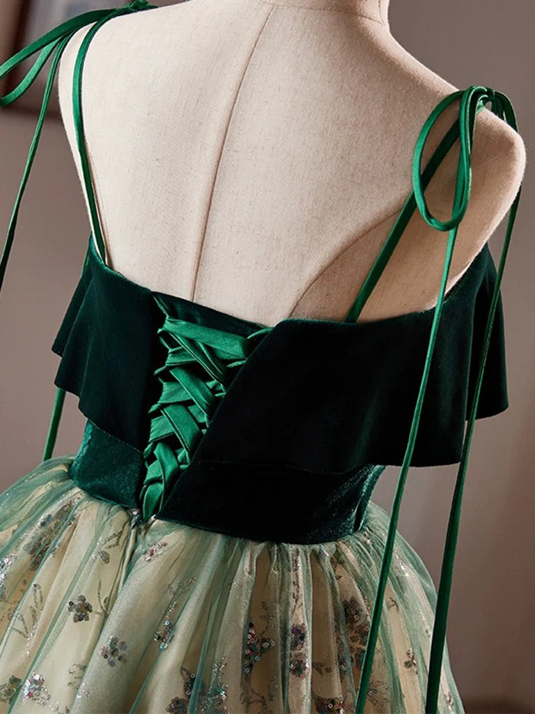 A-Line Tulle Sequin Velvet Green Prom Dress Homecoming Dress