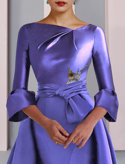 A-Line Mother of the Bride Dress Scoop Neck Floor Length Satin 3/4 Length Sleeve with Bow(s) Pleats Embroidery