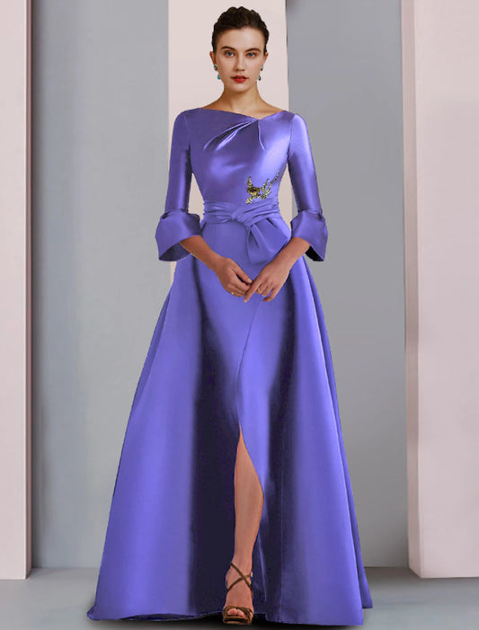 A-Line Mother of the Bride Dress Scoop Neck Floor Length Satin 3/4 Length Sleeve with Bow(s) Pleats Embroidery