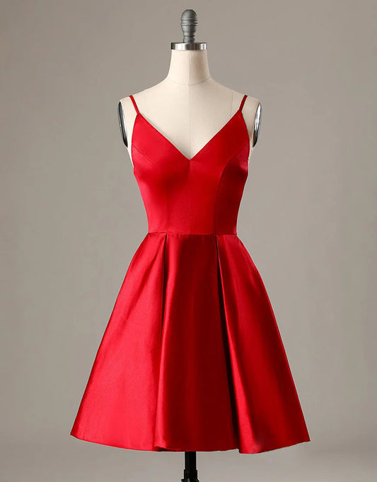 A-Line Spaghetti Straps Short Red Homecoming Dress with Pockets