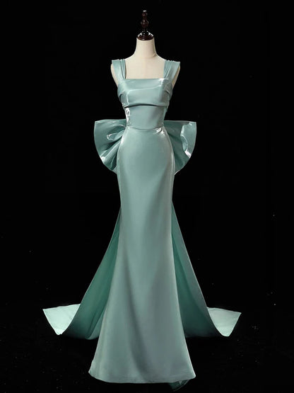 Simple Satin Bow Tie Green Long Prom Dress Formal Dress