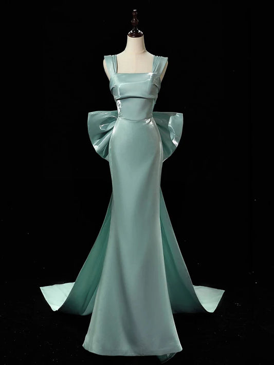 Simple Satin Bow Tie Green Long Prom Dress Formal Dress