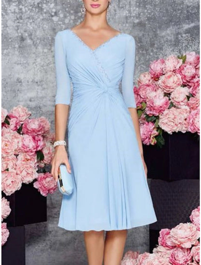 A-Line Mother of the Bride Dress Wedding Guest V Neck Knee Length Chiffon Lace Half Sleeve with Ruching