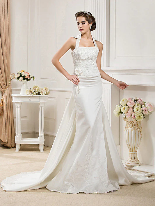 Wedding Dresses Halter Neck Court Train Satin Sleeveless