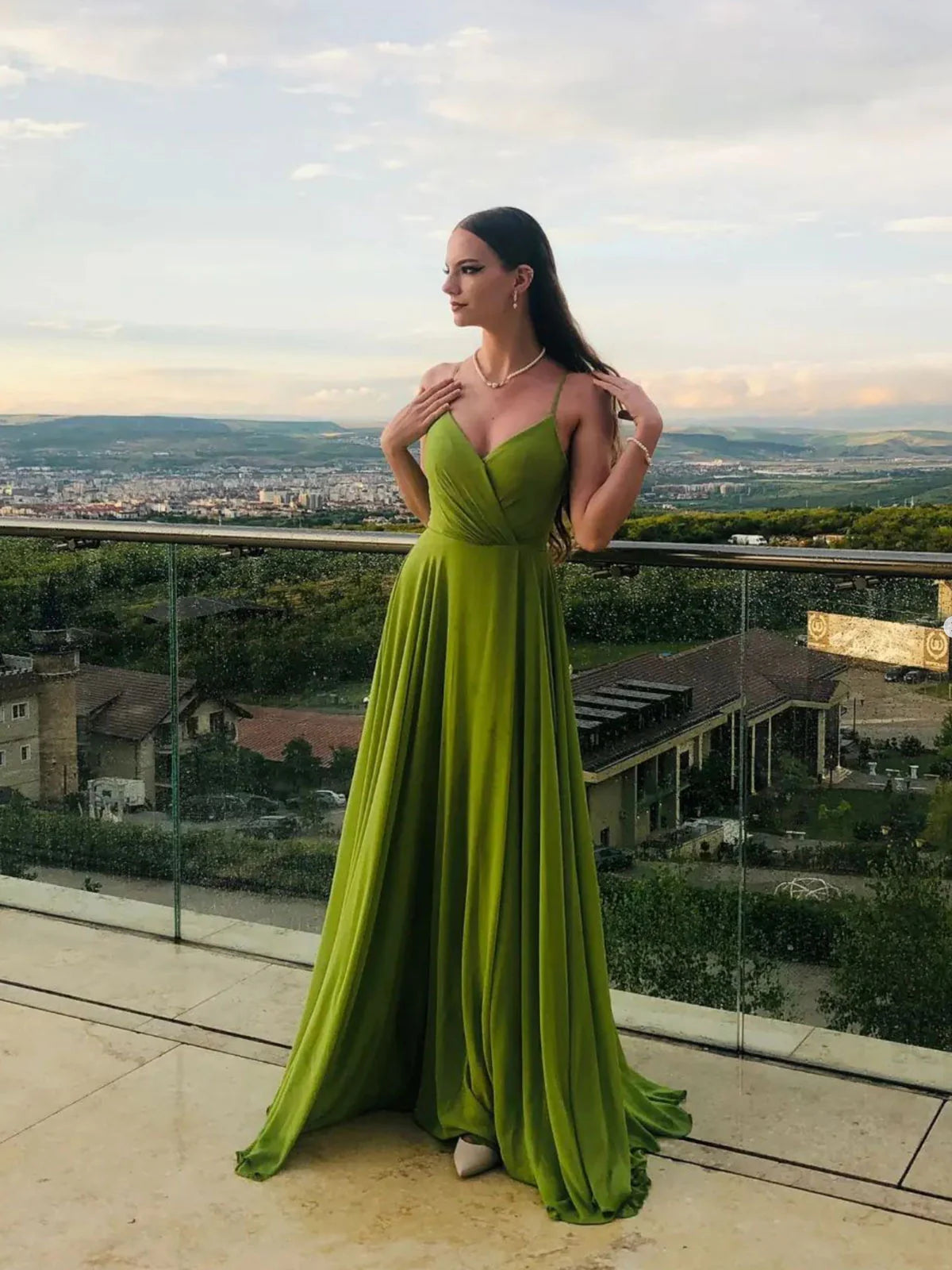 A Line Green Chiffon Long Prom Dress Green Evening Dress