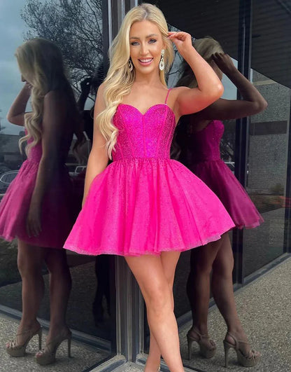 Hot Pink Glitter Cute Homecoming Dress with Beading