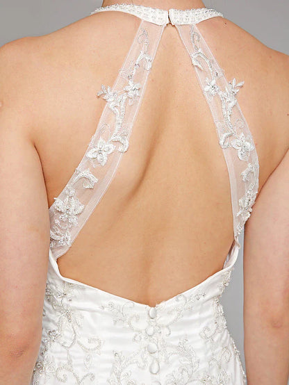 Wedding Dresses Halter NeckLace Over Tulle Regular Straps Sexy Illusion Detail Backless