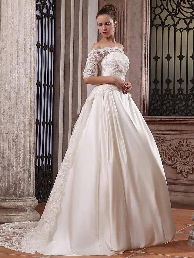 Ball Gown Wedding Dresses Scalloped-Edge Off Shoulder Court Train Satin Half Sleeve