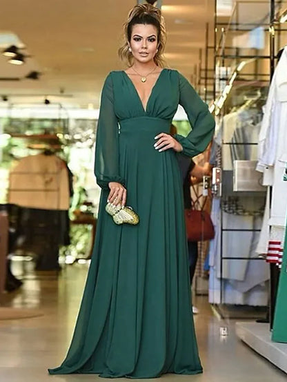 A-Line Plunging Neck Floor Length Chiffon Bridesmaid Dress with Pleats