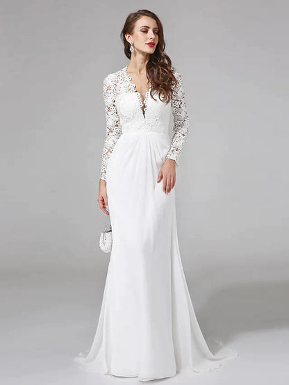 Wedding Dresses V NeckChiffon Floral Lace Long Sleeve Romantic Boho Illusion Sleeve with Lace Button