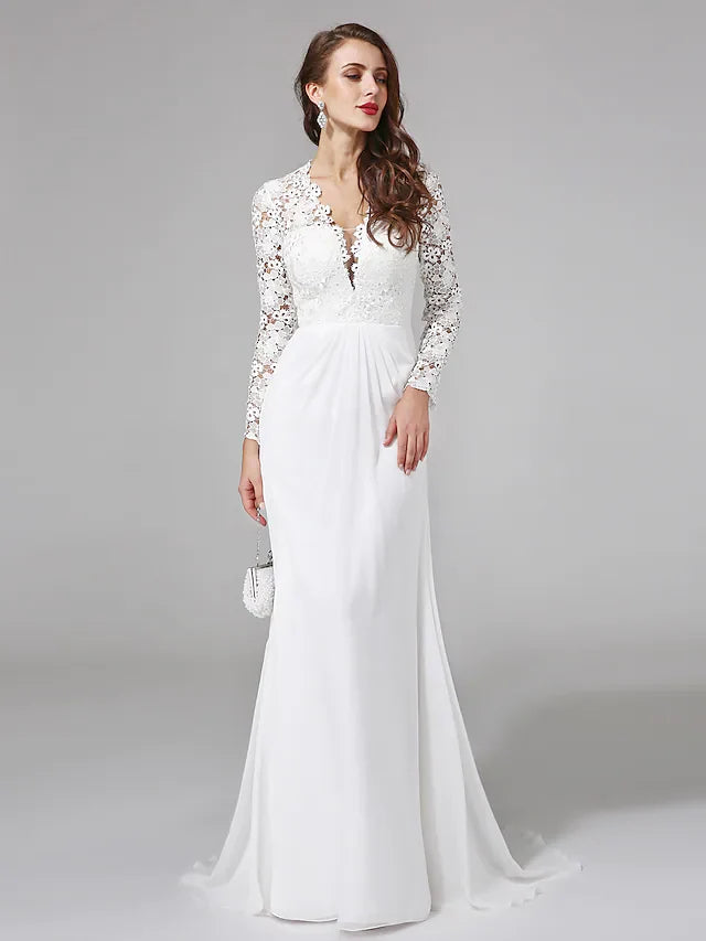 Wedding Dresses V NeckChiffon Floral Lace Long Sleeve Romantic Boho Illusion Sleeve with Lace Button