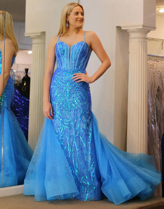 Blue Mermaid Sequin Lace Sweetheart Tulle Long Prom Dress With Lace Up Back