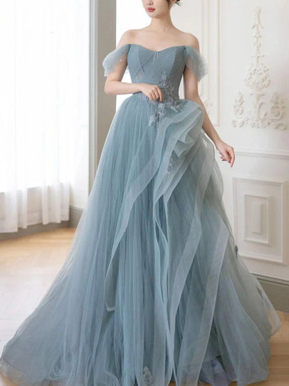 Gray Blue A-Line Lace Formal Evening Dress Long Prom Dress