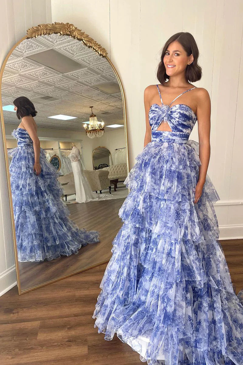 Lovely Blue Floral Printed Ruffle Tiered Long Prom Dresses