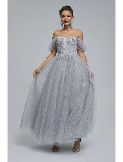 A-Line Prom Dresses Princess Dress Quinceanera Tea Length Short Sleeve Off Shoulder Tulle with Sequin Appliques