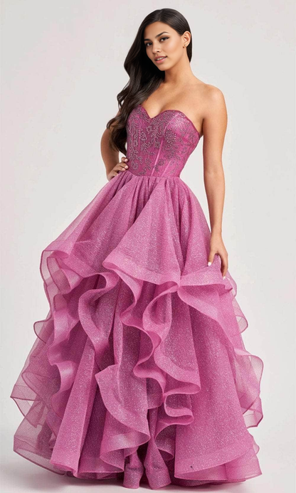 Quyihu Dresses Formal Elegant Tiered Glitter Strapless A-line Floor Length Prom Dress Stores With Prom Dresses