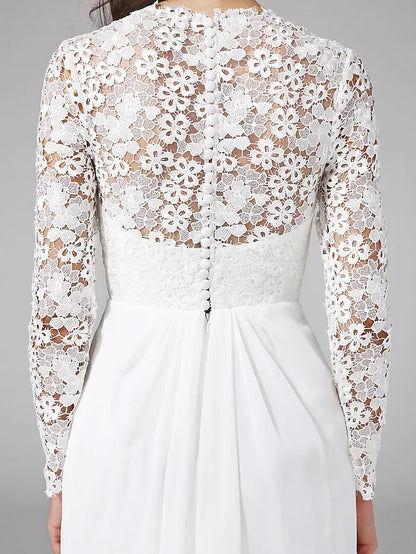 Wedding Dresses V NeckChiffon Floral Lace Long Sleeve Romantic Boho Illusion Sleeve with Lace Button