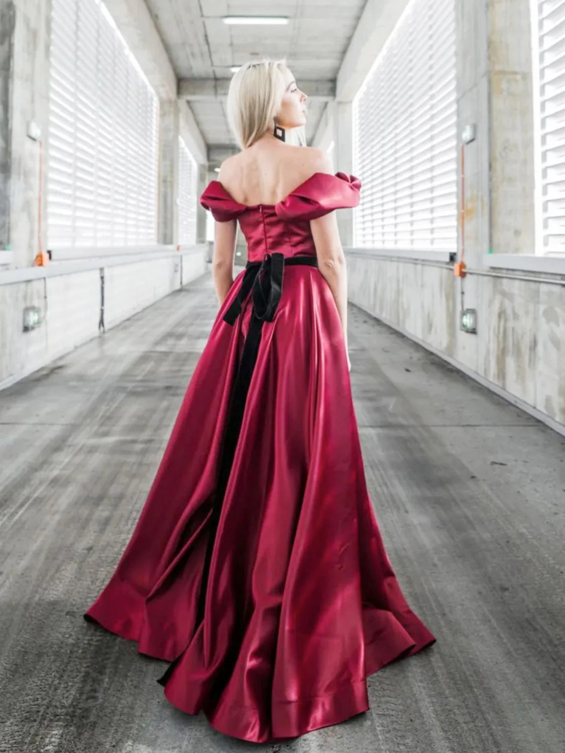 A-Line Off Shoulder Satin Burgundy Formal Evening Dress Long Prom Dress