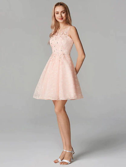 A-Line Sparkle Homecoming Cocktail Party Dress Pink Illusion Neck Sleeveless Short Mini Tulle Floral Lace with Sequin Appliques