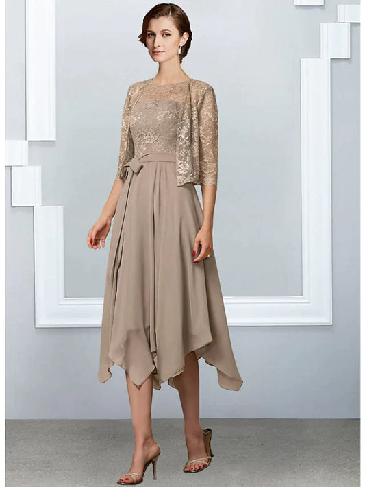 A-Line Mother of the Bride Dress Elegant Jewel Neck Tea Length Chiffon Lace Half Sleeve with Pleats