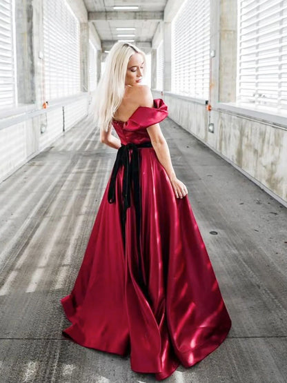 A-Line Off Shoulder Satin Burgundy Formal Evening Dress Long Prom Dress