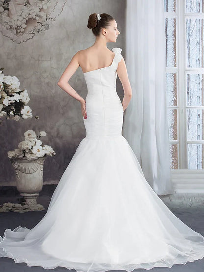 Wedding Dresses One Shoulder Court Train Organza Spaghetti Strap with Ruched Appliques