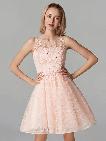 A-Line Sparkle Homecoming Cocktail Party Dress Pink Illusion Neck Sleeveless Short Mini Tulle Floral Lace with Sequin Appliques