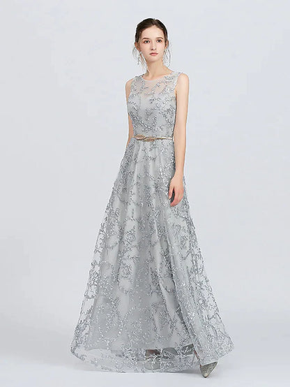 A-Line Jewel Neck Floor Length Lace Bridesmaid Dress with Sash Ribbon Appliques