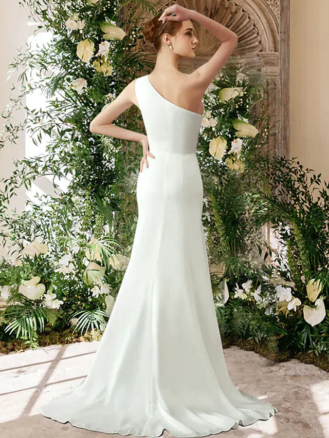 Wedding Dresses One Shoulder Chiffon Sleeveless Simple Sexy