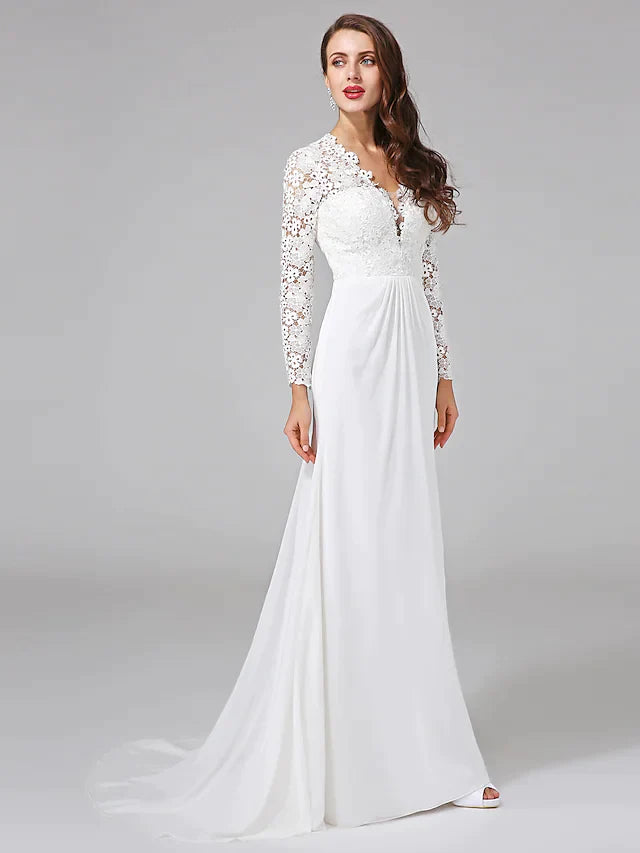 Wedding Dresses V NeckChiffon Floral Lace Long Sleeve Romantic Boho Illusion Sleeve with Lace Button