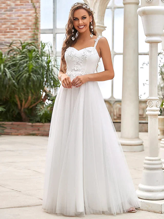 A-Line Wedding Dresses Sweetheart Neckline Floor Length Lace Tulle Sleeveless Romantic Simple with Lace Draping Appliques