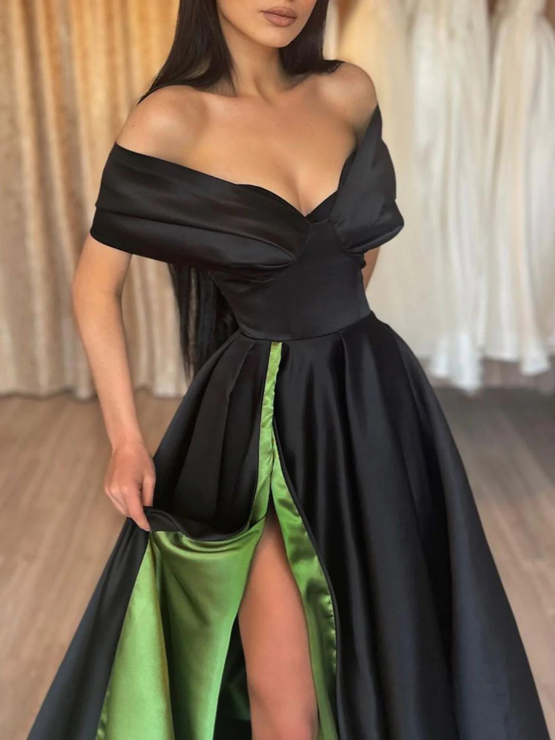 Simple Black Satin Off Shoulder Evening Dress Long Prom Dress