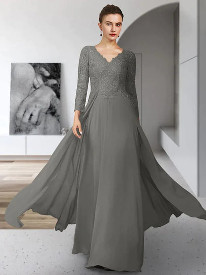 Mother of the Bride Dress Elegant V Neck Floor Length Chiffon Lace 3/4 Length Sleeve with Pleats Appliques