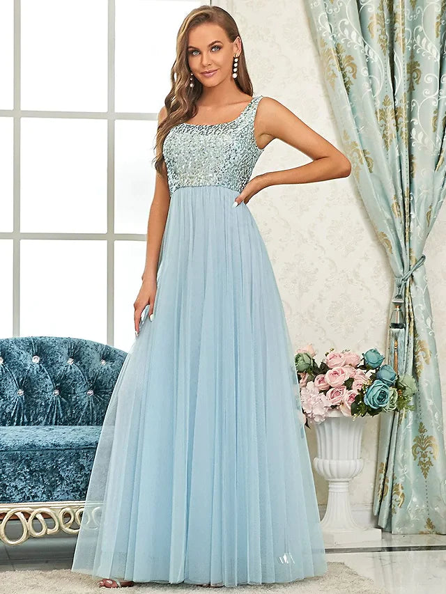 A-Line Spaghetti Strap Floor Length Tulle Sequined Bridesmaid Dress with Sequin