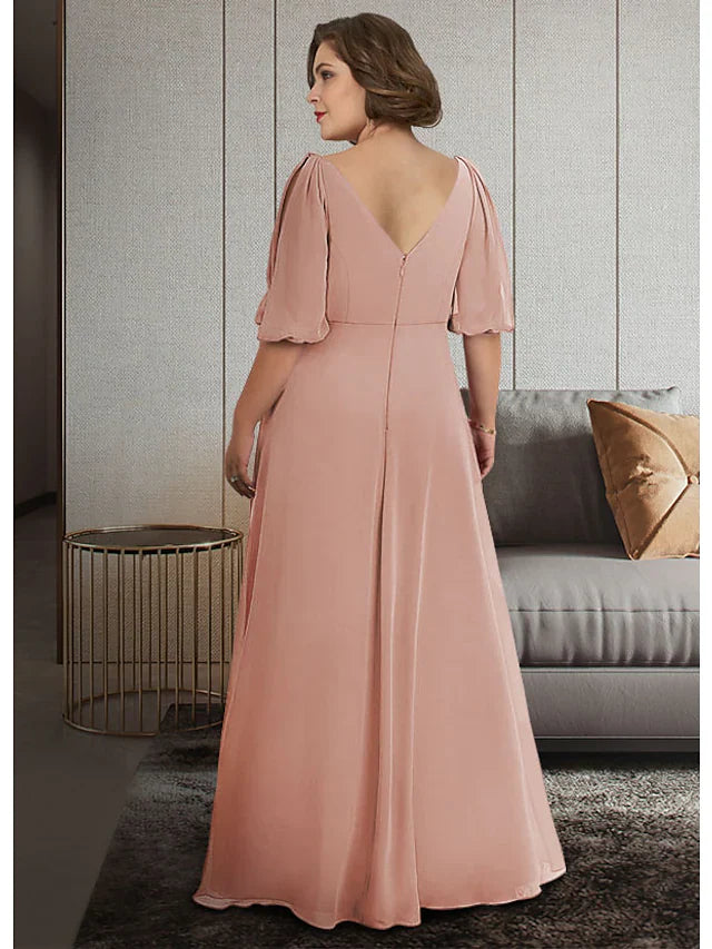 A-Line Mother of the Bride Dress Plus Size Elegant V Neck Ankle Length Chiffon Half Sleeve with Ruching