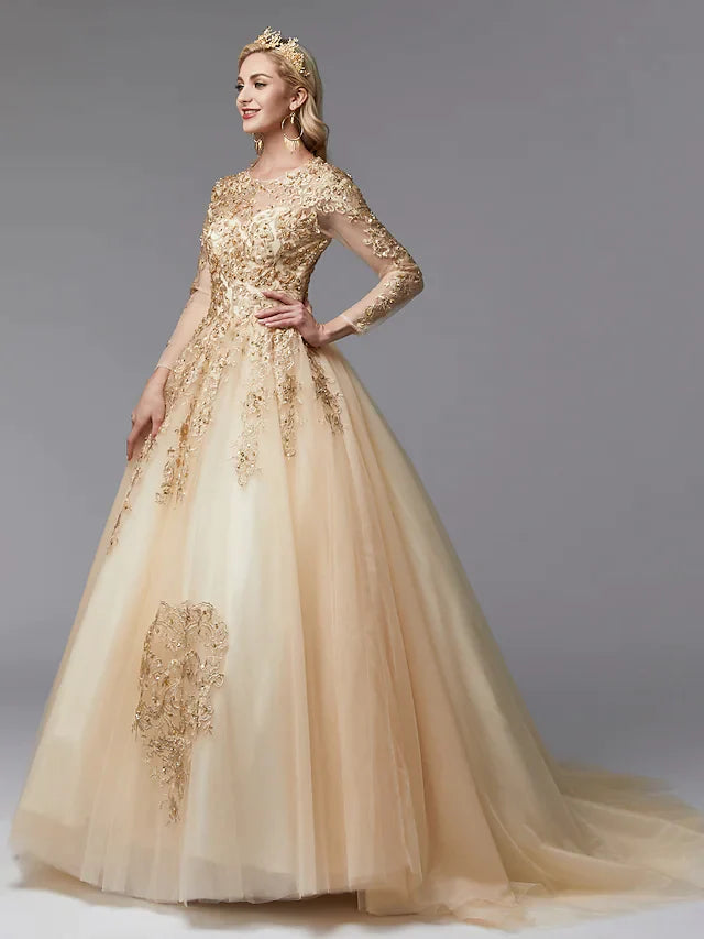 Ball Gown Wedding Dresses Jewel Neck Lace Tulle Long Sleeve Glamorous See-Through Backless Modern with Beading Appliques