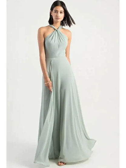 A-Line Halter Neck Floor Length Chiffon Bridesmaid Dress with Criss Cross