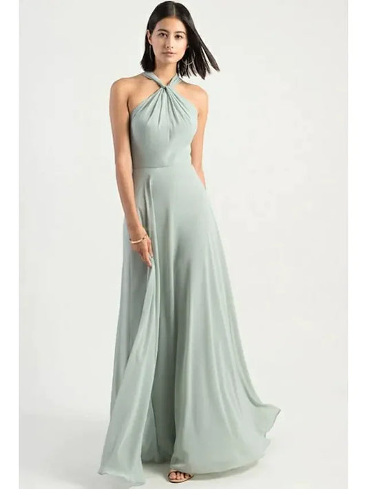 A-Line Halter Neck Floor Length Chiffon Bridesmaid Dress with Criss Cross