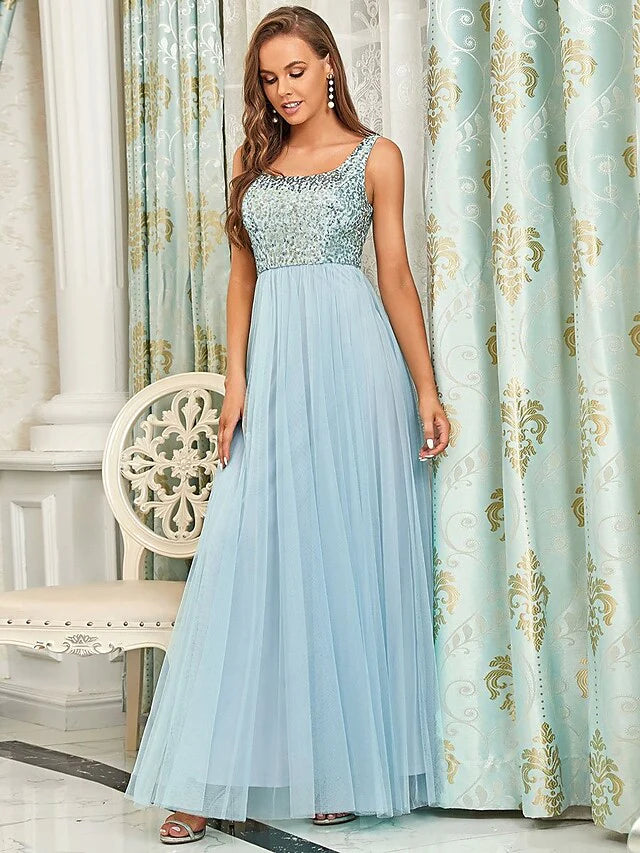 A-Line Spaghetti Strap Floor Length Tulle Sequined Bridesmaid Dress with Sequin