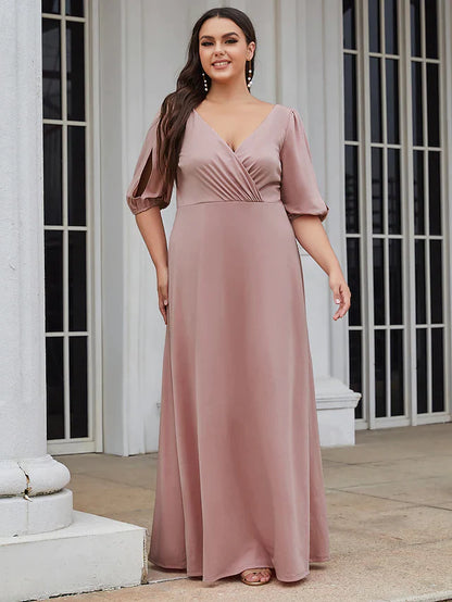 A-Line V Neck Floor Length Satin Stretch Satin Bridesmaid Dress with Ruching