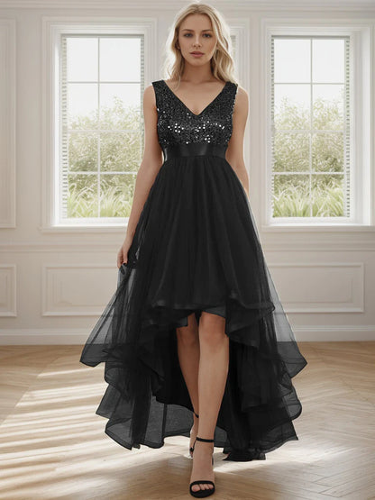 Sleeveless Sequin Ribbon Waist Tulle High Low Evening Dress