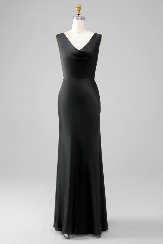 Black sheath V-neck Sleeveless Satin Bridesmaid Dress