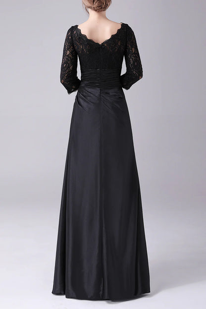 Black A-line Boat Neck Long Sleeves Mother of the Bride Dress