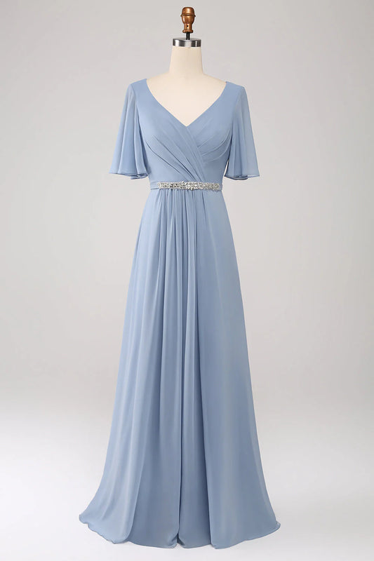 A-line V-neck Layered Chiffon Bridesmaid Dress Short Sleeve