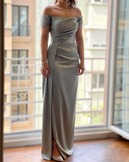 Off The Shoulder Silver Sheath Split Dress Satin Floor-length Prom Dress