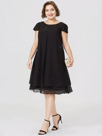 Mother of the Bride Dress Little Black Dress Plus Size See Through Jewel Neck Knee Length Chiffon Lace Short Sleeve with Pleats Beading Lace Insert