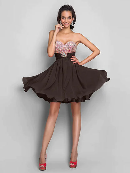 A-Line Beaded & Sequin Cute Cocktail Party Valentine's Day Dress Sweetheart Neckline Strapless Sleeveless Short Mini Chiffon with Ruched Crystals Beading