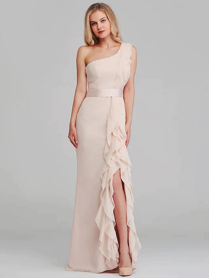 Shoulder Long Length Chiffon Bridesmaid Dress with Cascading Ruffles