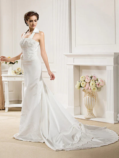 Wedding Dresses Halter Neck Court Train Satin Sleeveless